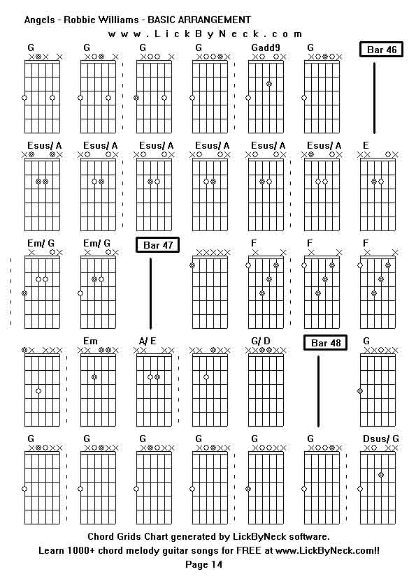 Chord Grids Chart of chord melody fingerstyle guitar song-Angels - Robbie Williams - BASIC ARRANGEMENT,generated by LickByNeck software.